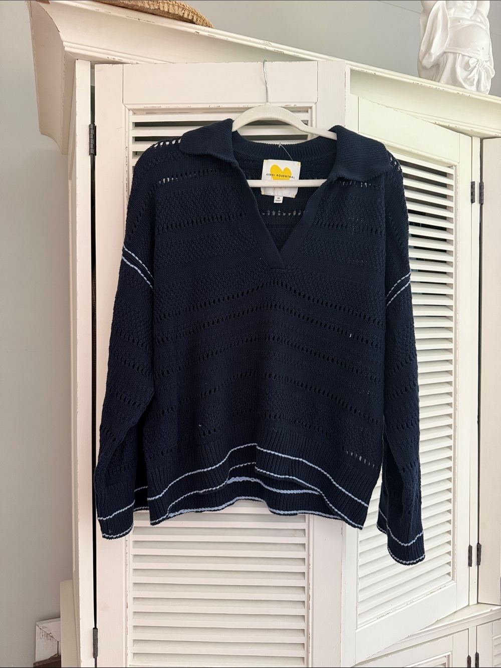 Kerri Rosenthal Navy V-Neck Open-Knit Sweater with Polo Collar Size M NWOT